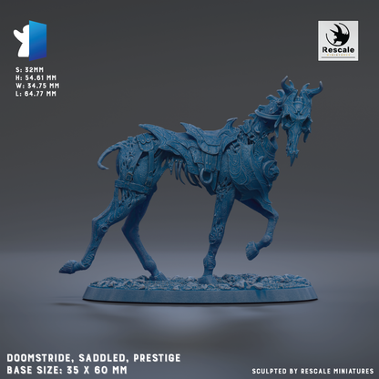 a blue, sculpted horse statue with intricate details and a unique design. The horse is shown in a dynamic pose, standing on a base that is described as a size of 35 x 60 mm. The image is a part of a collection of sculptures by Rescale Miniatures, and it is titled "Doomstride, Saddled, Prestige".