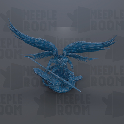 A blue winged statue with a sword in its hand, set against a dark background with repeated text.