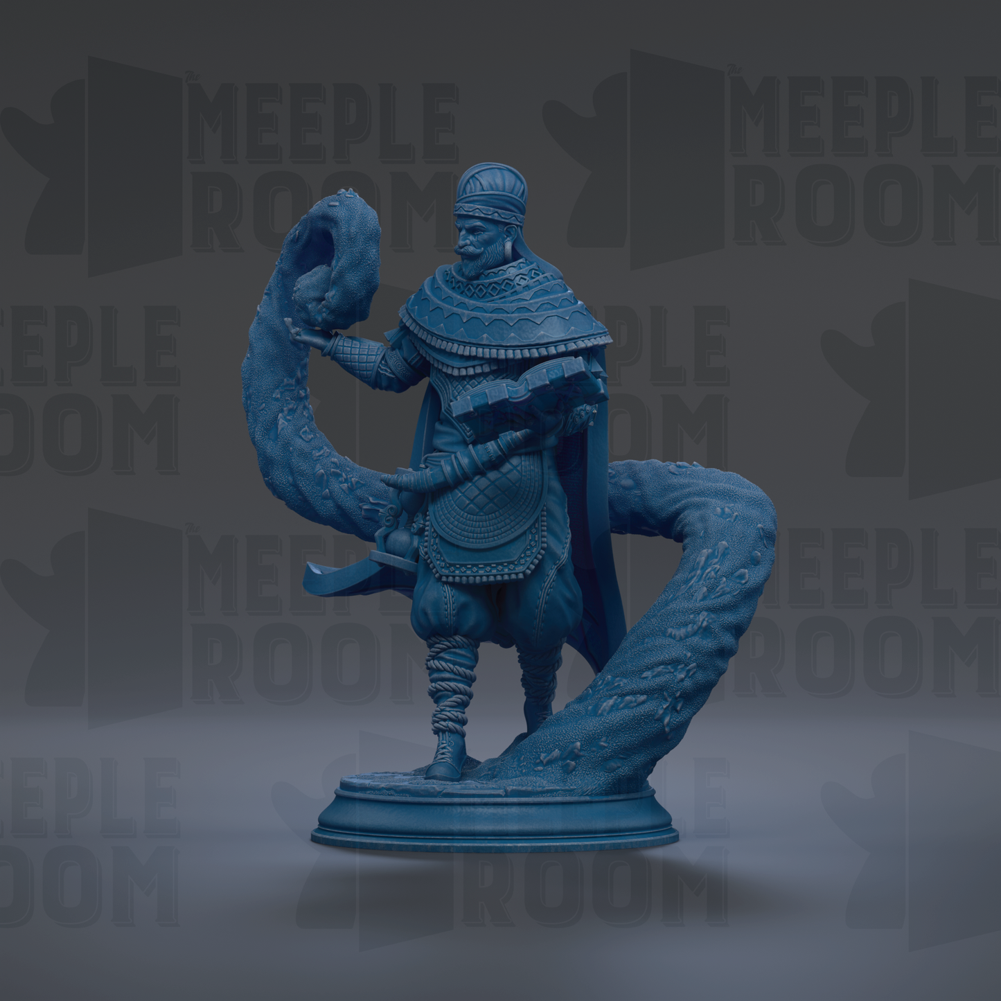 A blue statue of a warrior figure holding a sword and shield, standing on a pedestal.