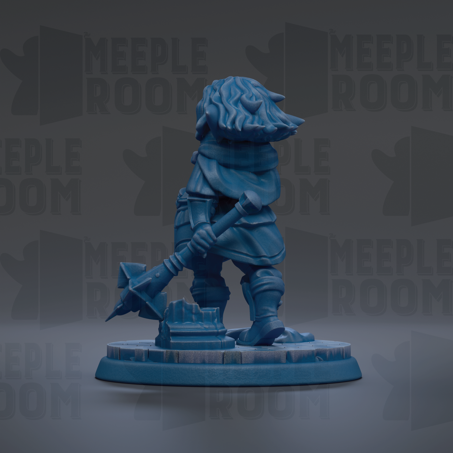 A blue figurine of a character with long hair and a beard, holding a weapon, standing on a pedestal against a dark background with repeated text.