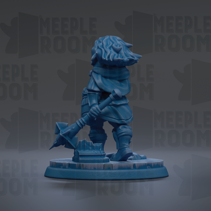 A blue figurine of a character with long hair and a beard, holding a weapon, standing on a pedestal against a dark background with repeated text.