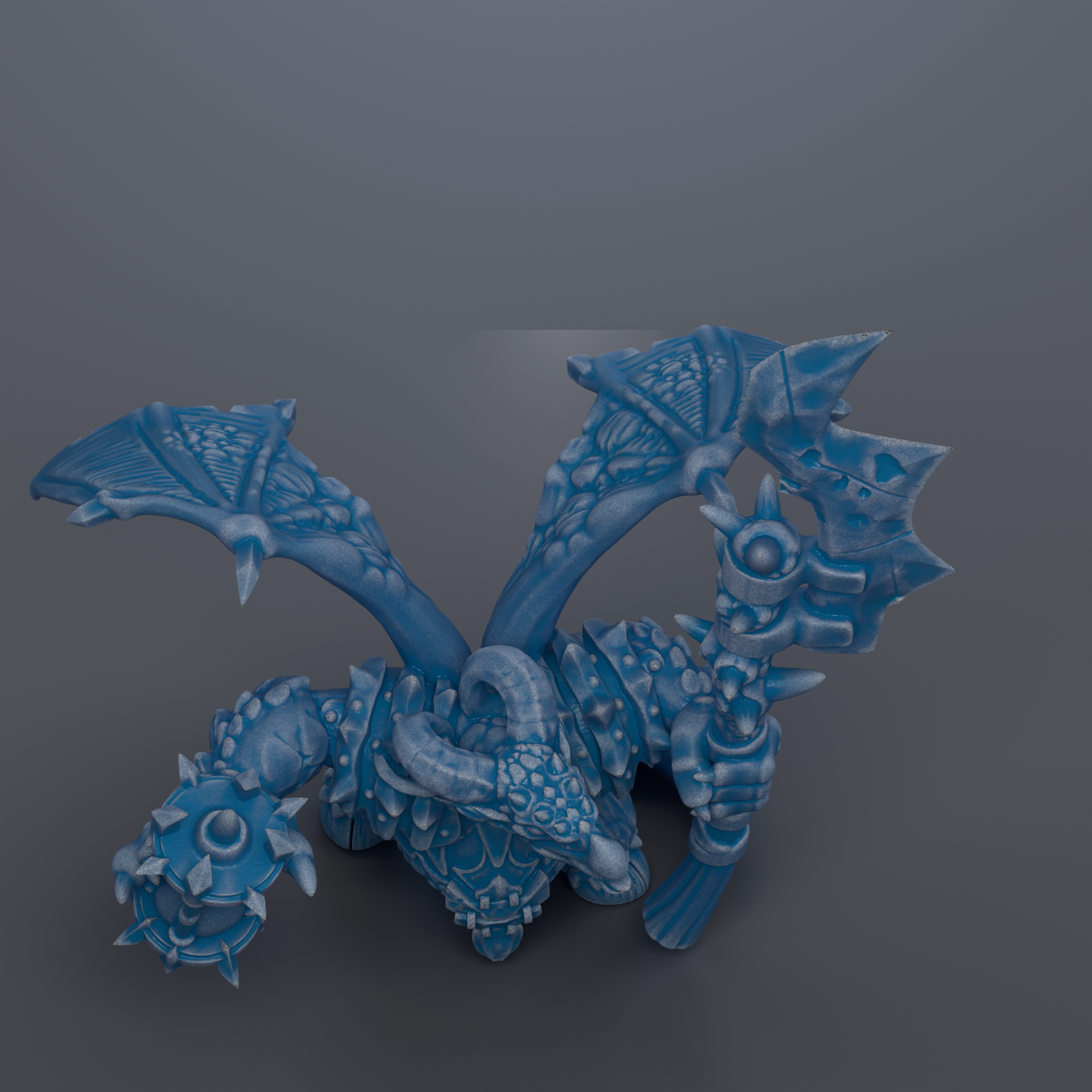 A blue, fantastical creature with sharp, angular features and a fierce expression, possibly a dragon or serpent-like creature.