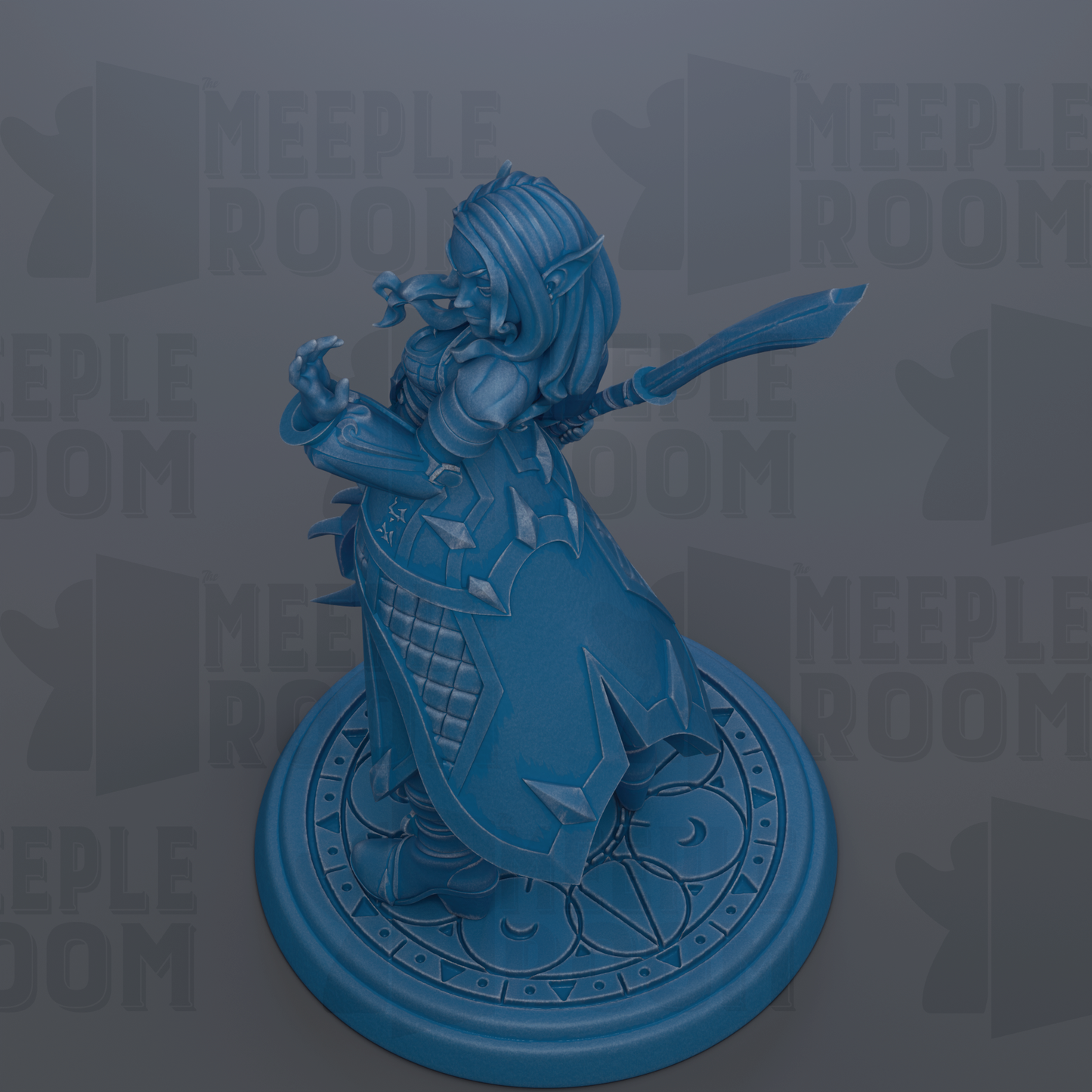 A blue 3D model of a female character with long hair and a sword, standing on a circular base.