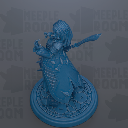A blue 3D model of a female character with long hair and a sword, standing on a circular base.