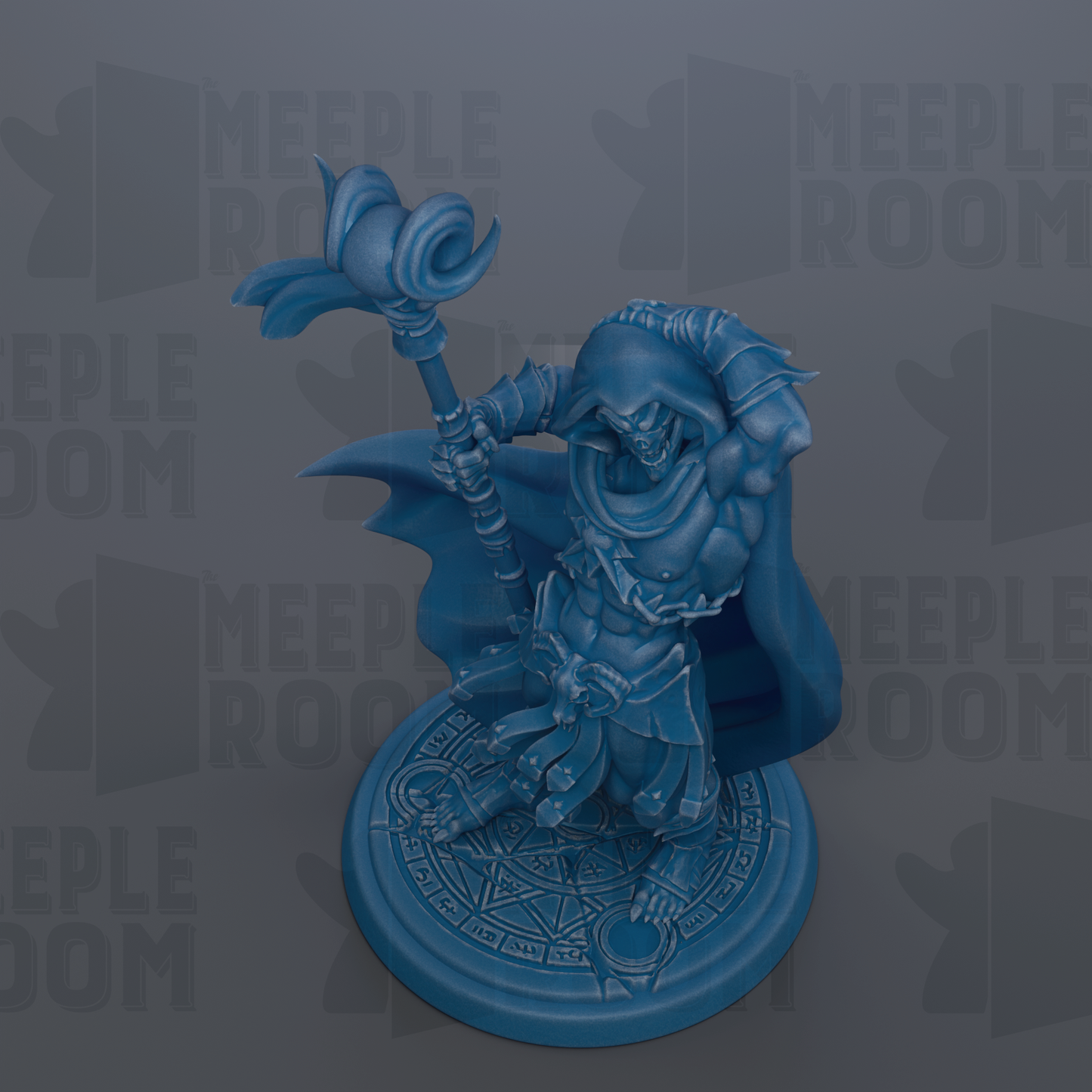 A blue figurine of a warrior figure holding a staff and standing on a circular base.