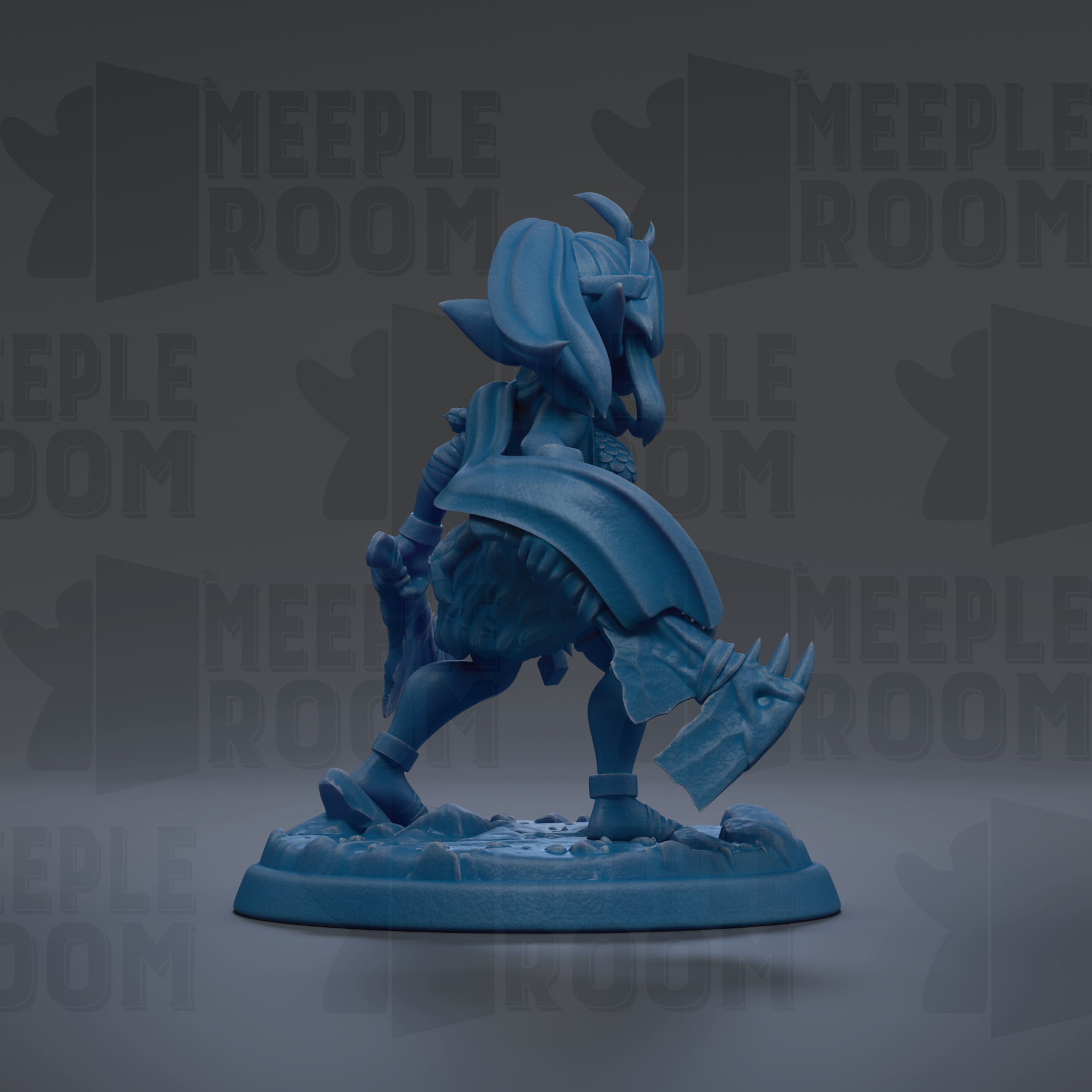 A blue figurine of a character with a large head and a sword, standing on a base.