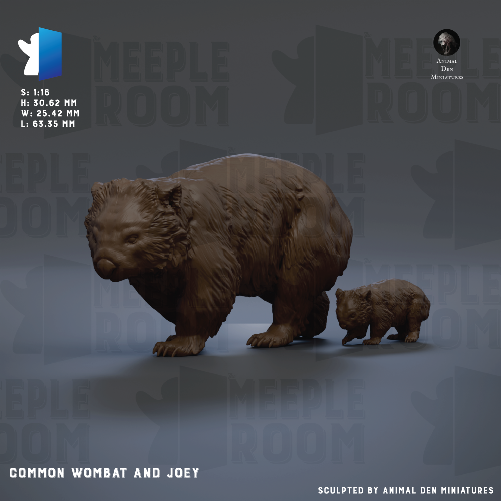 a 3D rendering of a mother bear and her cub, with the caption "Common wombat and Joey" and the artist's name "Sculpted by Animal Den Miniatures".