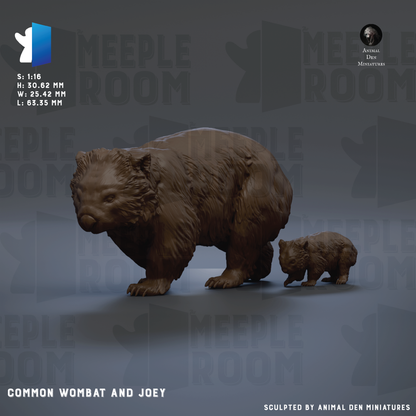 a 3D rendering of a mother bear and her cub, with the caption "Common wombat and Joey" and the artist's name "Sculpted by Animal Den Miniatures".