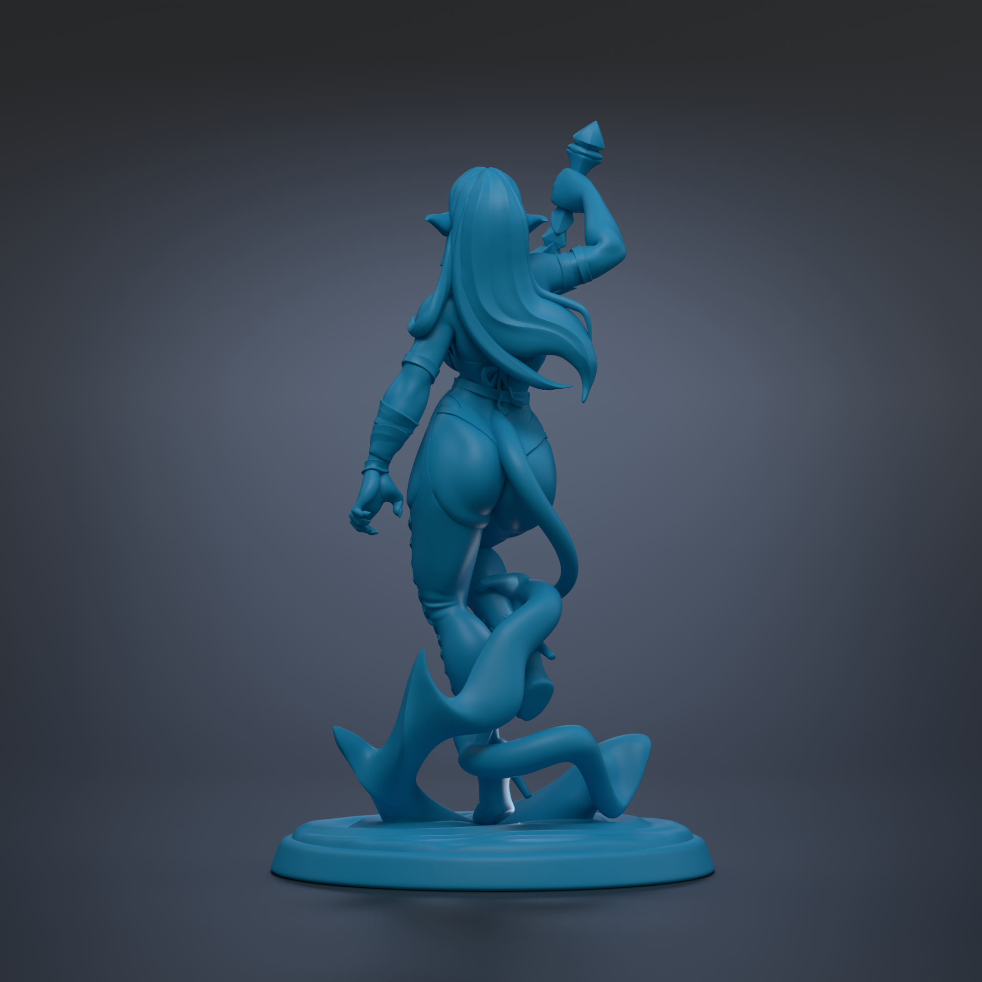 A blue 3D model of a female character with long hair, holding a weapon and standing on a platform.