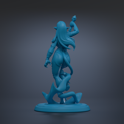 A blue 3D model of a female character with long hair, holding a weapon and standing on a platform.