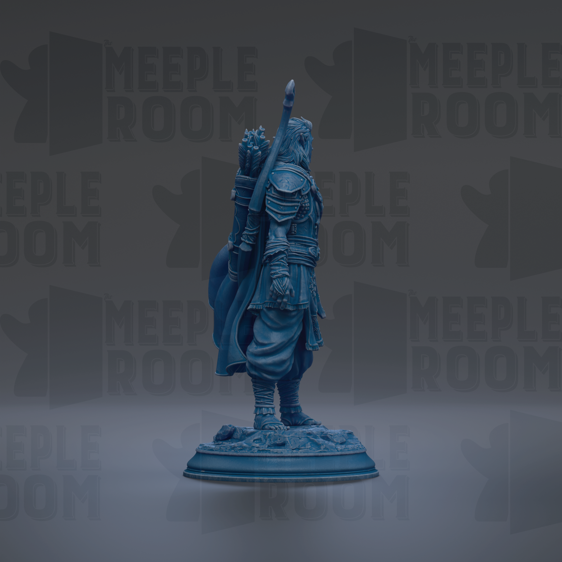 A blue statue of a figure holding a spear and shield, standing on a pedestal against a dark background with repeated text.