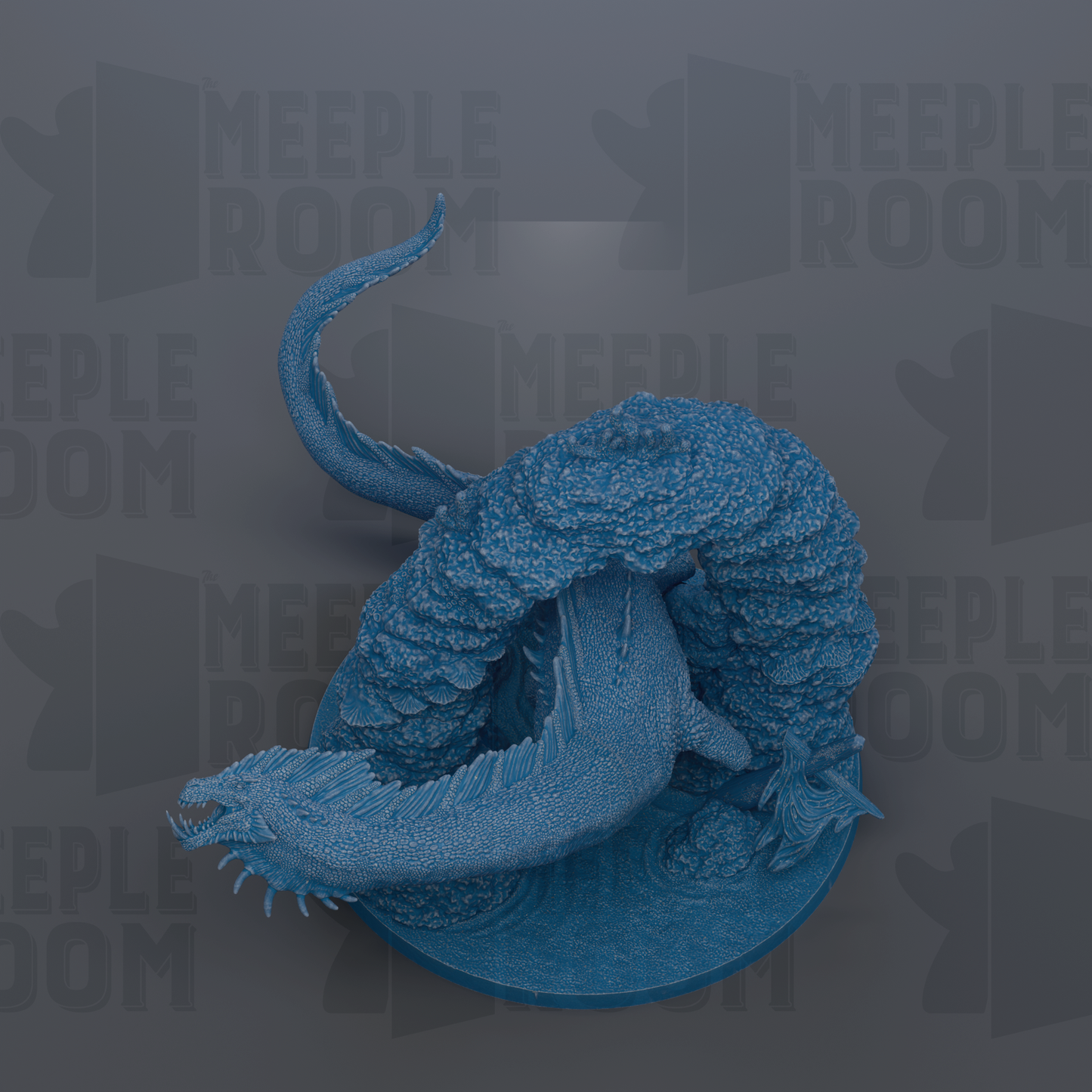 A blue, textured dragon figurine is displayed against a dark background with repeated text.
