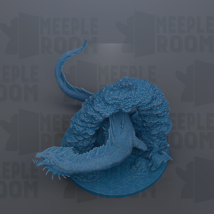 A blue, textured dragon figurine is displayed against a dark background with repeated text.