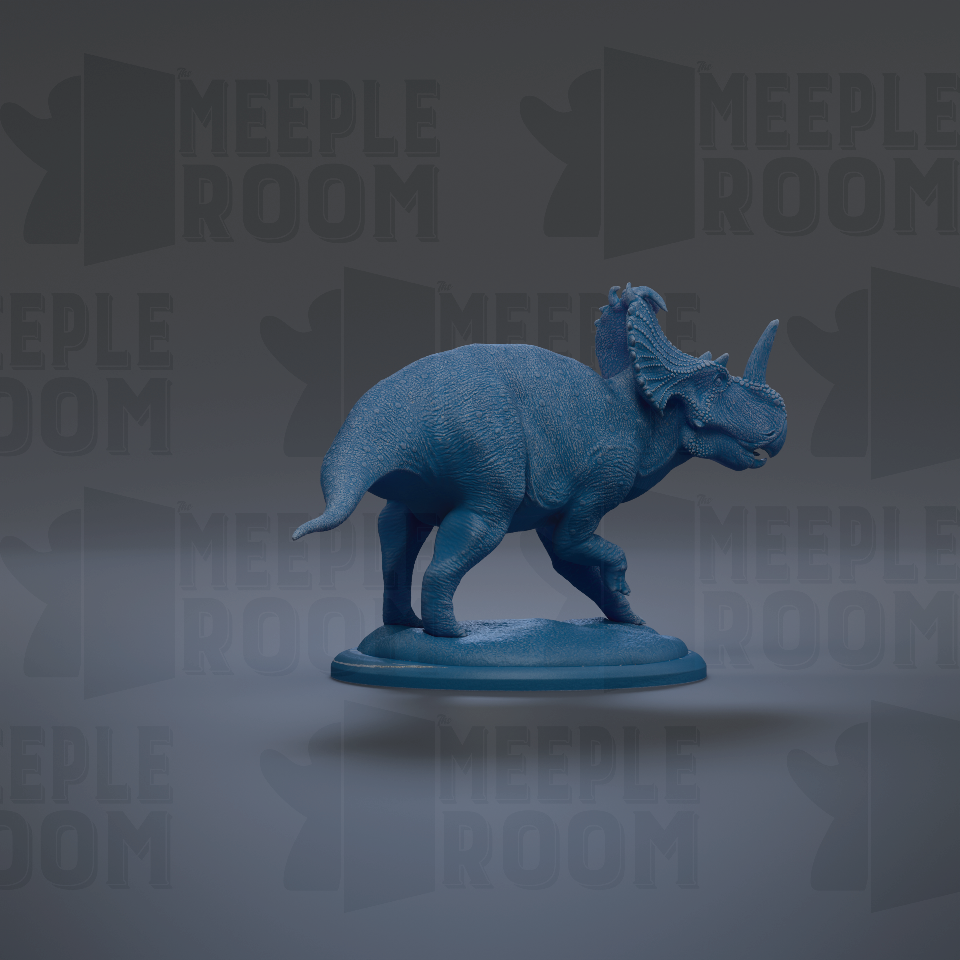 A blue 3D model of a dinosaur is displayed against a dark background with repeated text.
