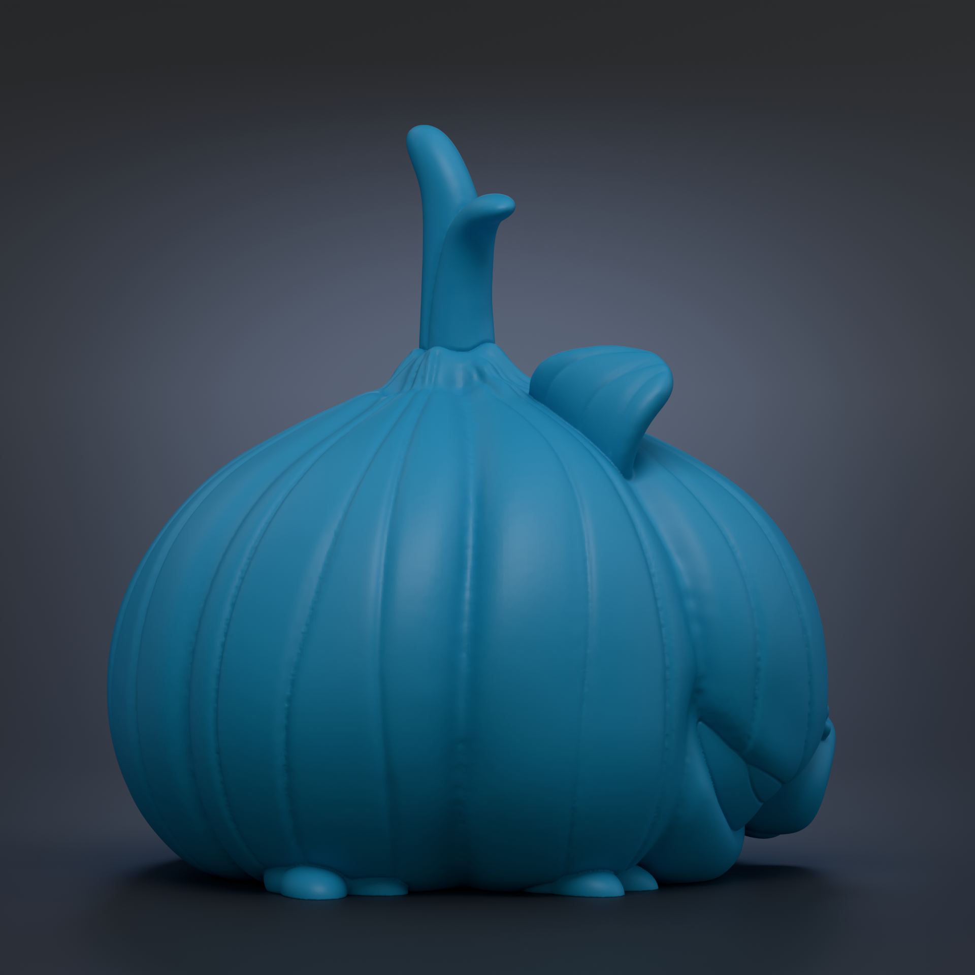A 3D rendering of a blue onion with a pointed top and a curved shape, sitting on a dark background.