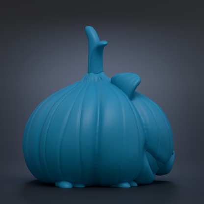 A 3D rendering of a blue onion with a pointed top and a curved shape, sitting on a dark background.