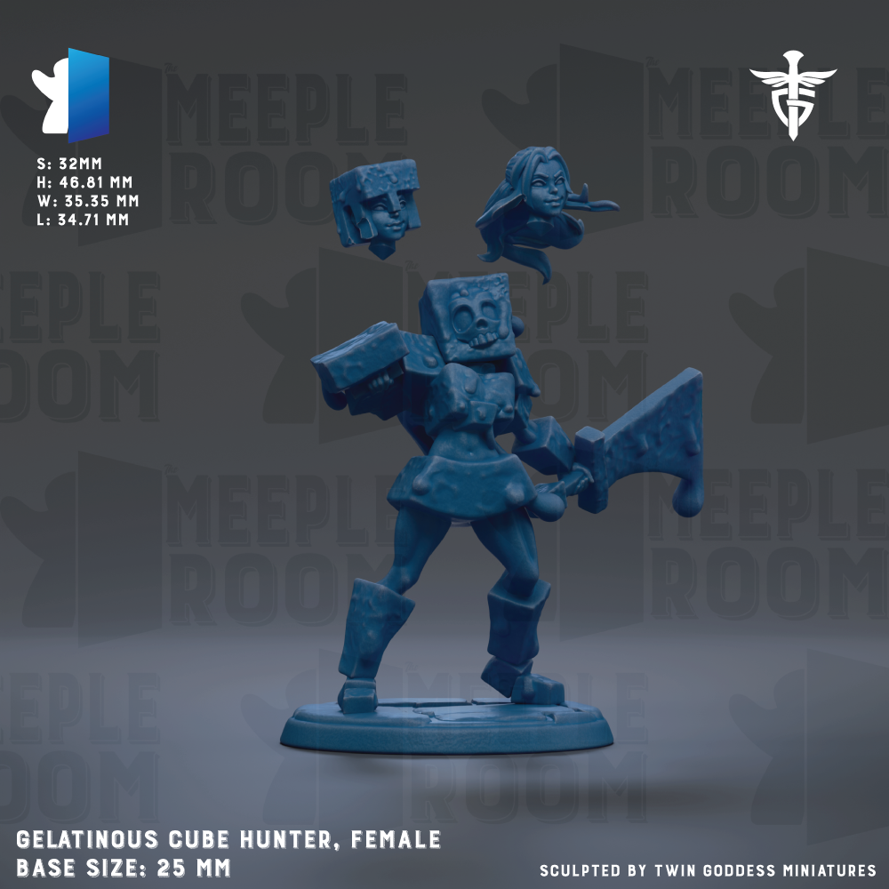 The image is a 3D model of a female cube-like character, specifically a Gelatinous cube-Hunter, with a base size of 25mm.