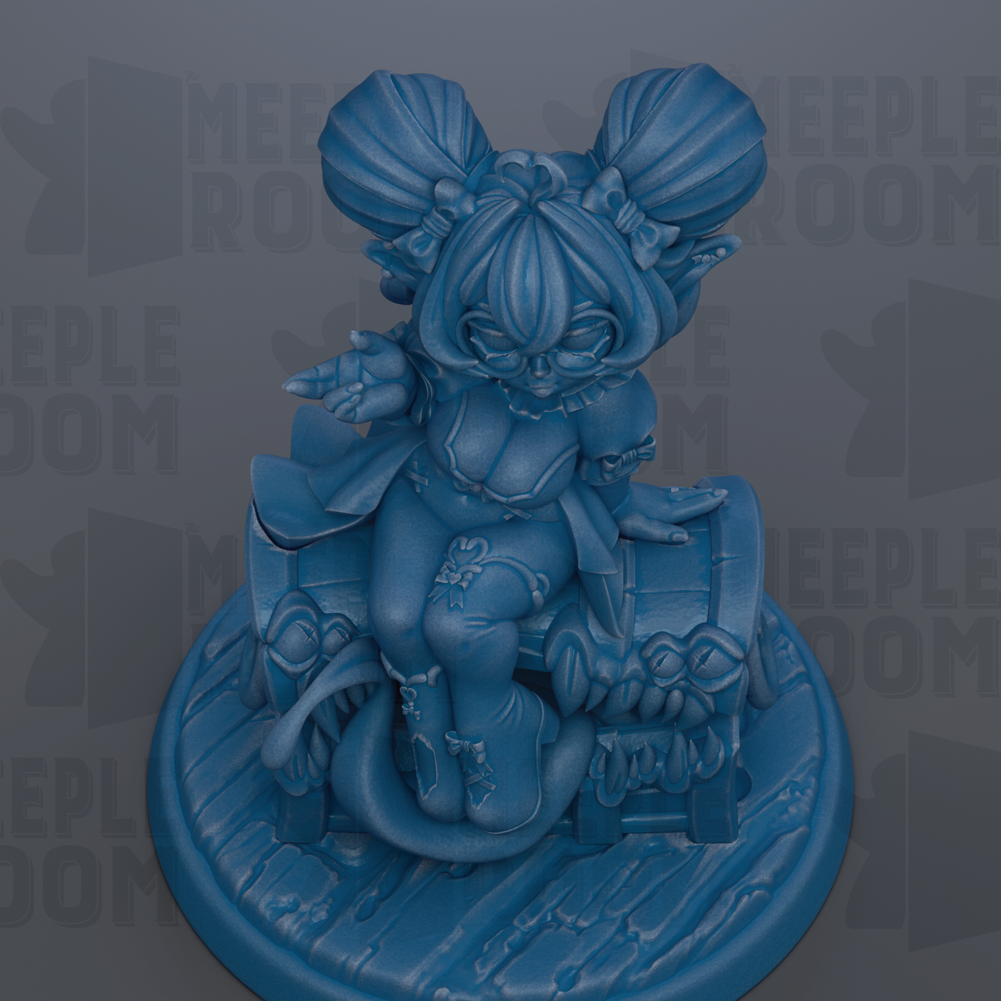 A blue figurine of a character with large ears and a unique hairstyle, sitting on a platform.