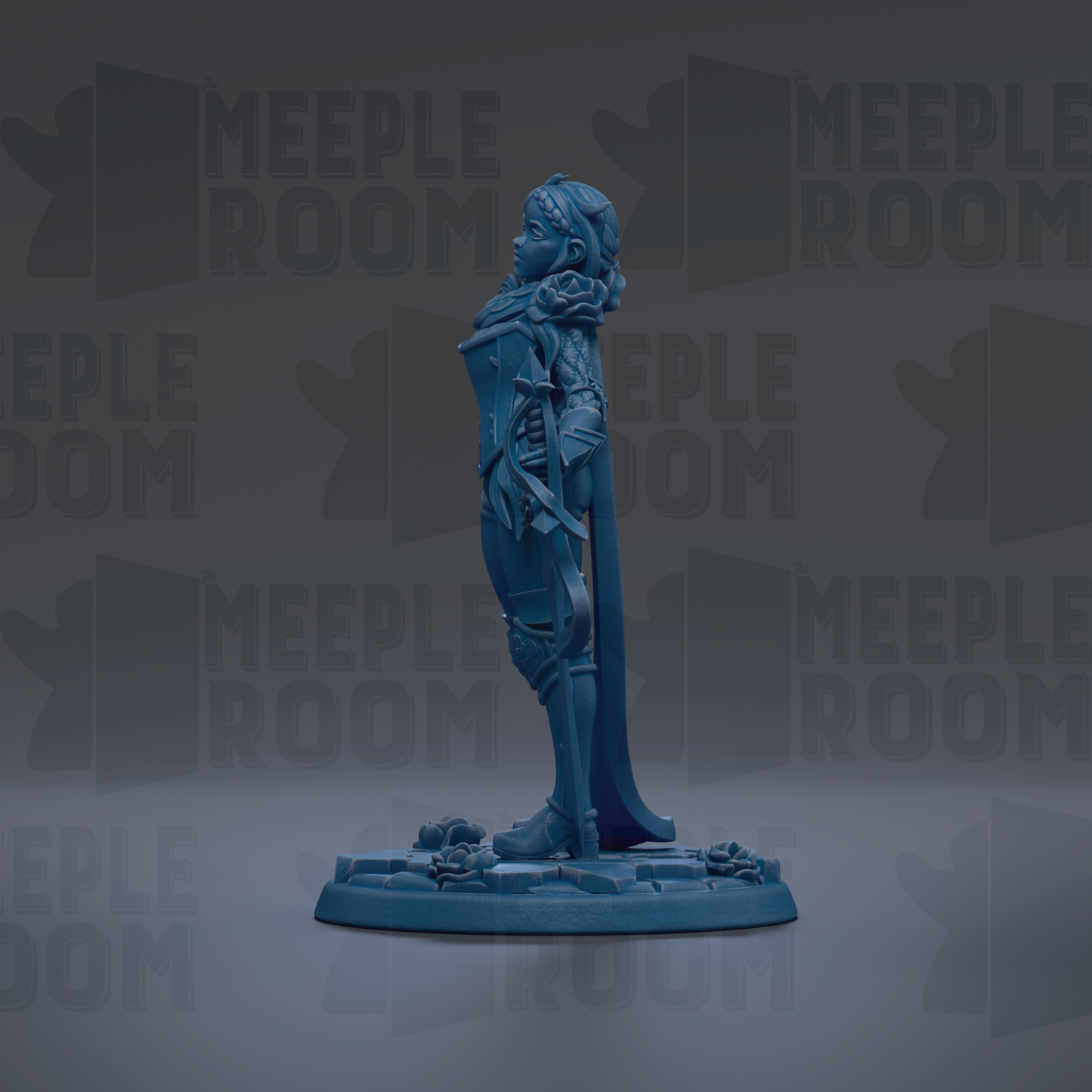 A blue figurine of a person standing on a base, with the text "MEUPLE ROOM" repeated in the background.