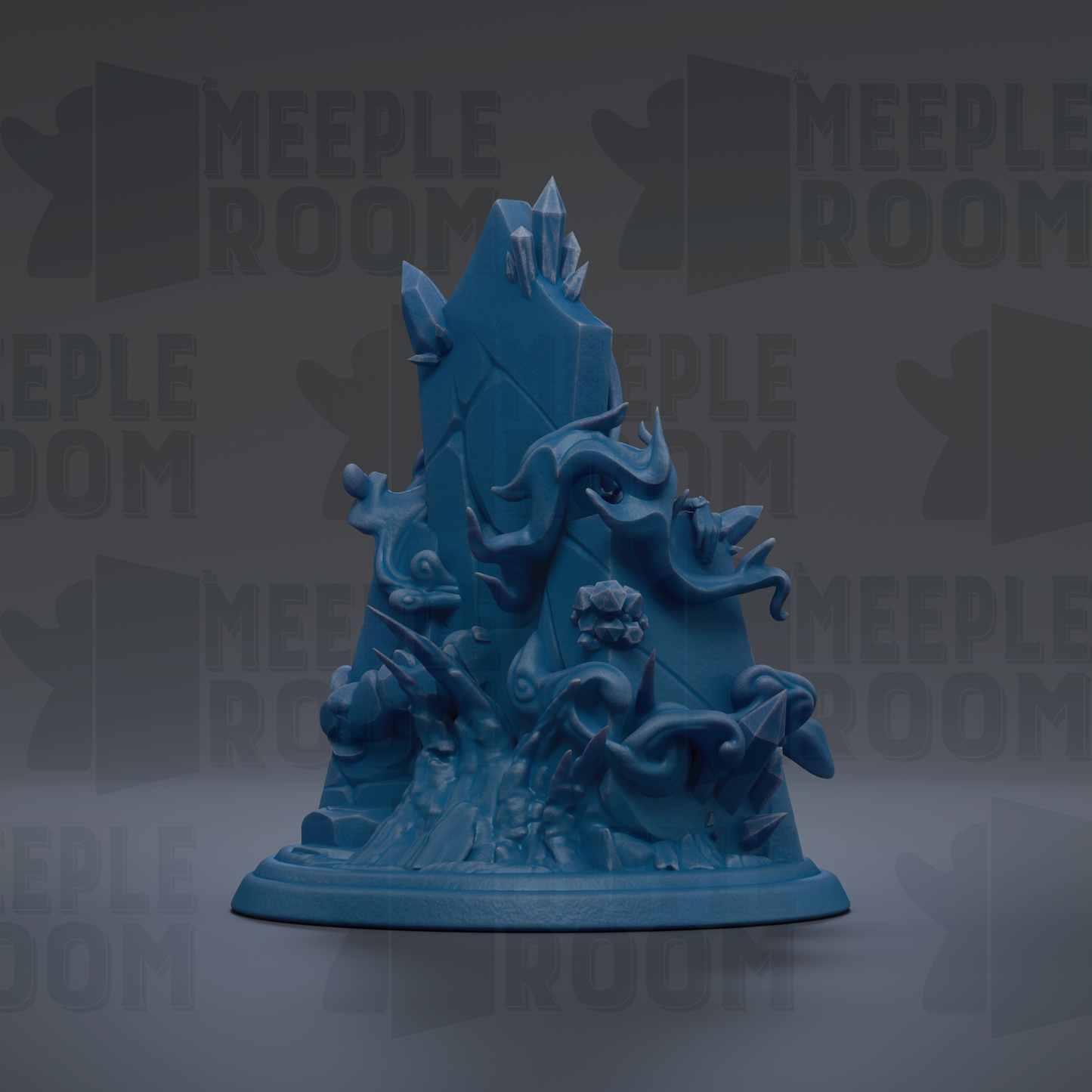 A blue, 3D-rendered sculpture depicting a fantastical, organic-looking creature with intricate details and textures.