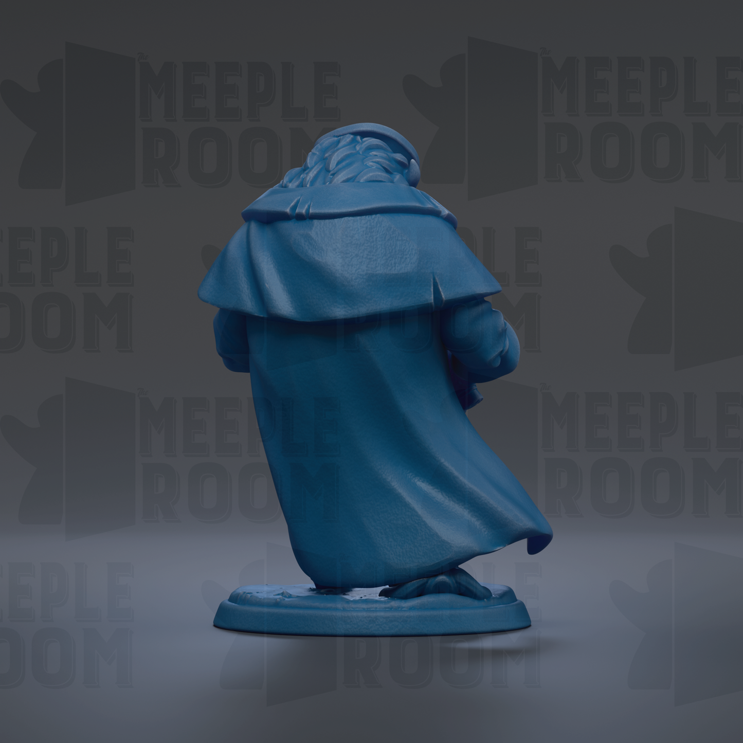 A blue statue of a person with long hair and a flowing robe, standing on a pedestal against a dark background with repeated text.
