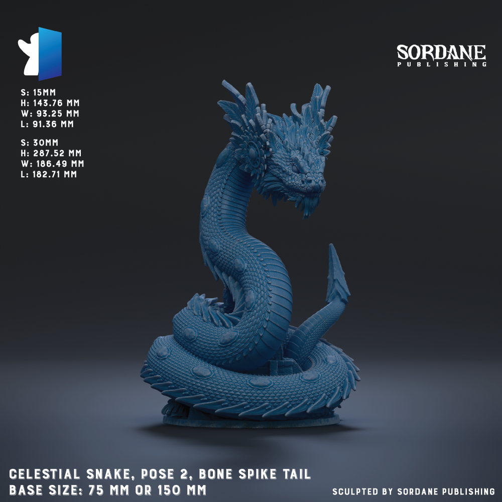 The image is a 3D rendering of a blue, fantastical creature resembling a snake or serpent. The creature has a long, coiled body and a bone spike tail. The creature is posed in a way that suggests it is ready to strike or move. The image is described as a "celestial snake" and is shown in a 3D rendering, which indicates that it is a digital image. The base size of the creature is described as either 75 mm or 150 mm. The image is published by Sordane Publishing.