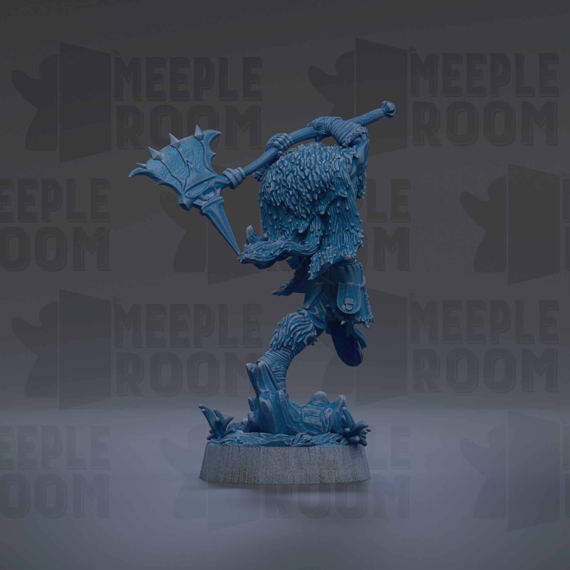 A blue, 3D-rendered fantasy creature with a large weapon, standing on a platform against a dark background with repeated text.