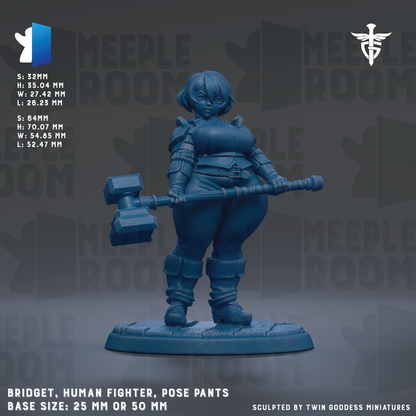 A figurine of a human fighter, wearing pants and holding a hammer, is shown in the image.