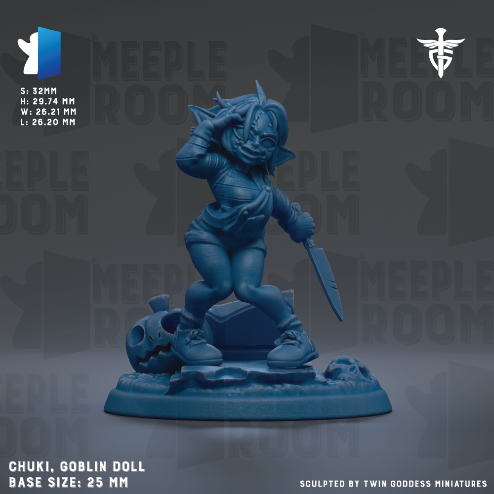 A blue figurine of a character, likely a doll, with a skull and other objects on a base. The figurine is described as a "Chuki, Goblin Doll" and is shown in a 3.5mm base size.