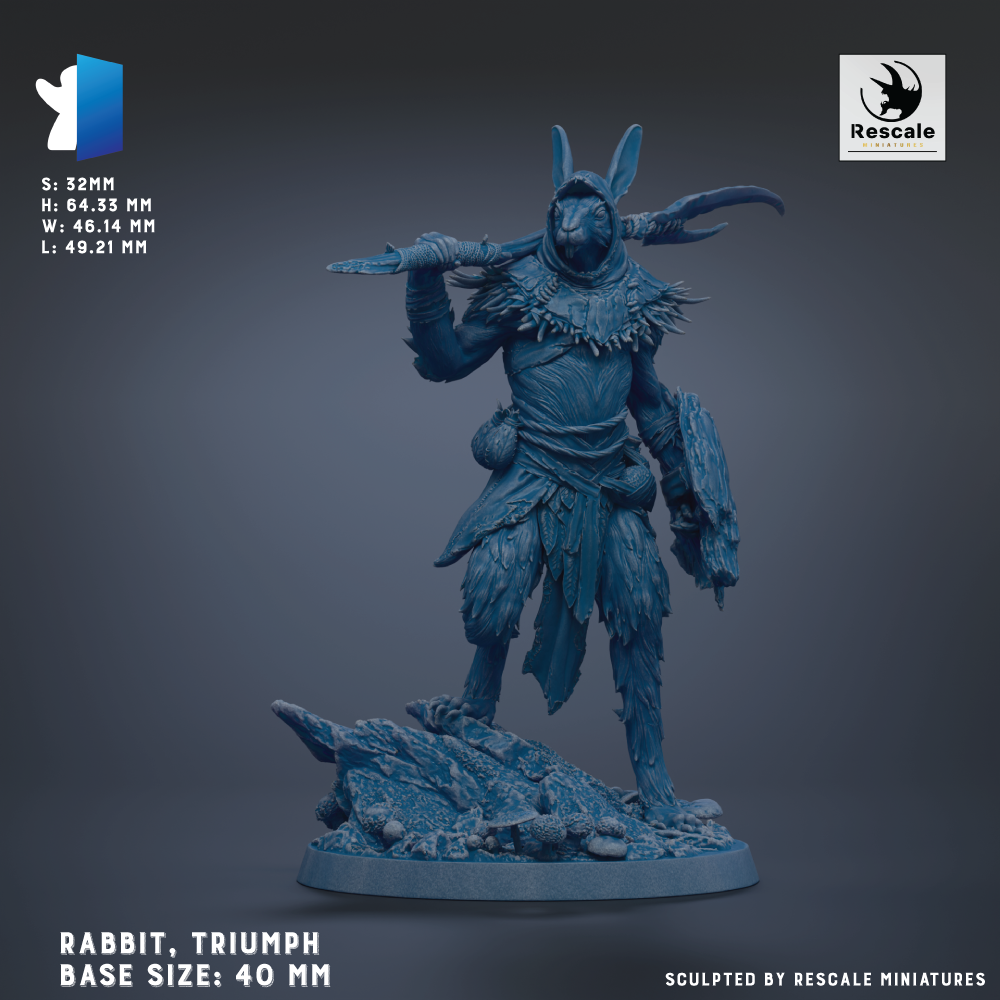 a blue rabbit figurine, specifically a rabbit triumph, with a large weapon in its hands. The rabbit is standing on a rocky base, and the base sizes are 40 mm. The image is a sculpture by Rescue miniatures.
