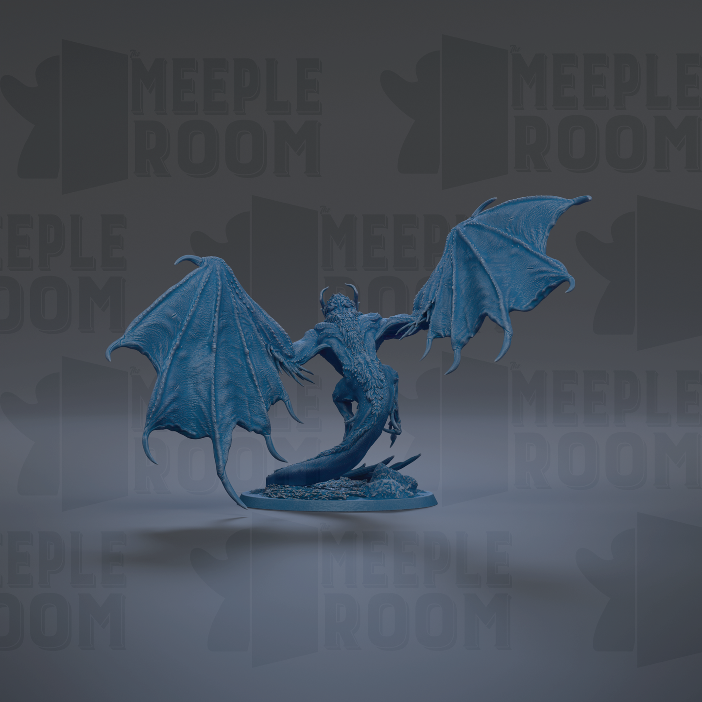 A 3D rendering of a blue dragon-like creature with wings spread wide, standing on a platform against a dark background with repeated text.