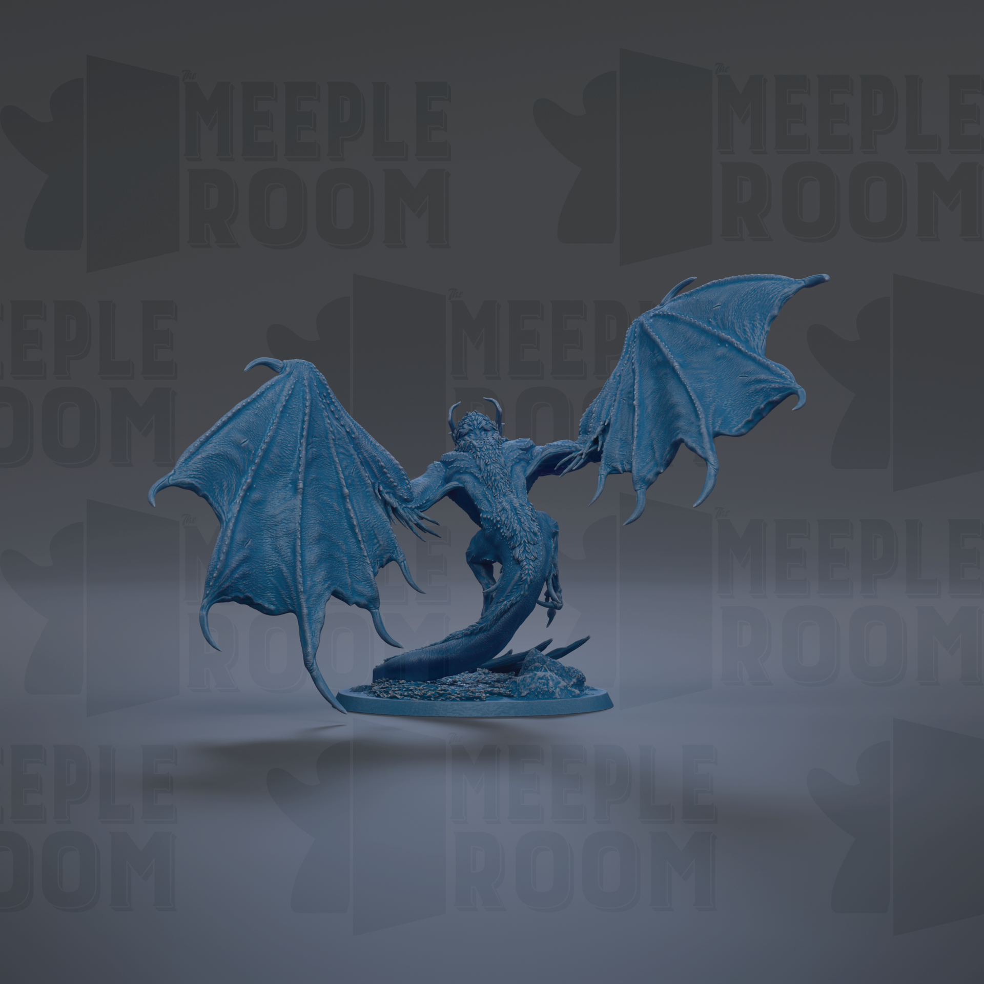 A 3D rendering of a blue dragon-like creature with wings spread wide, standing on a platform against a dark background with repeated text.