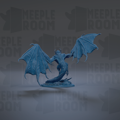 A 3D rendering of a blue dragon-like creature with wings spread wide, standing on a platform against a dark background with repeated text.