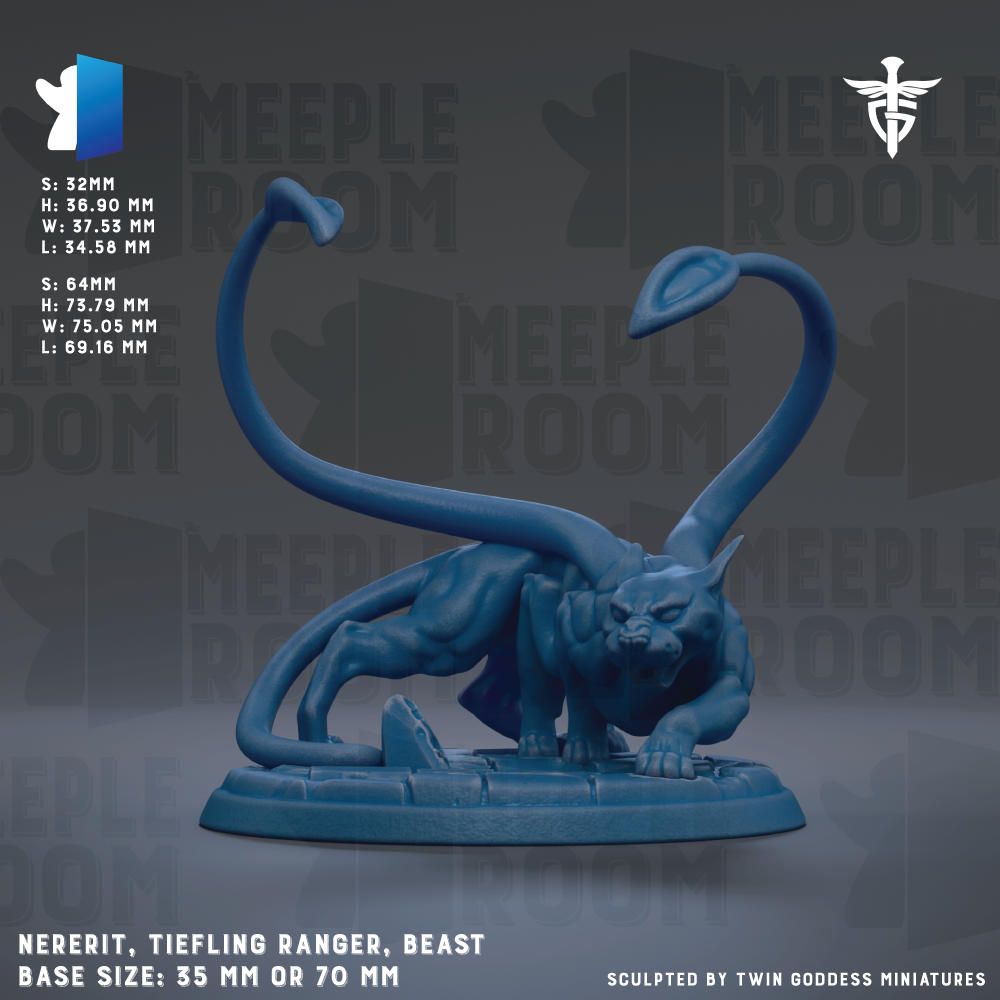 The image is a 3D rendering of a blue, fantastical creature resembling a snake or serpent, with a fierce expression and a long, flexible body. The creature is standing on a platform, and the image is labeled with the text "Netherrit, Tiefing Ranger, Beast Base Size: 35 mm or 70 mm".