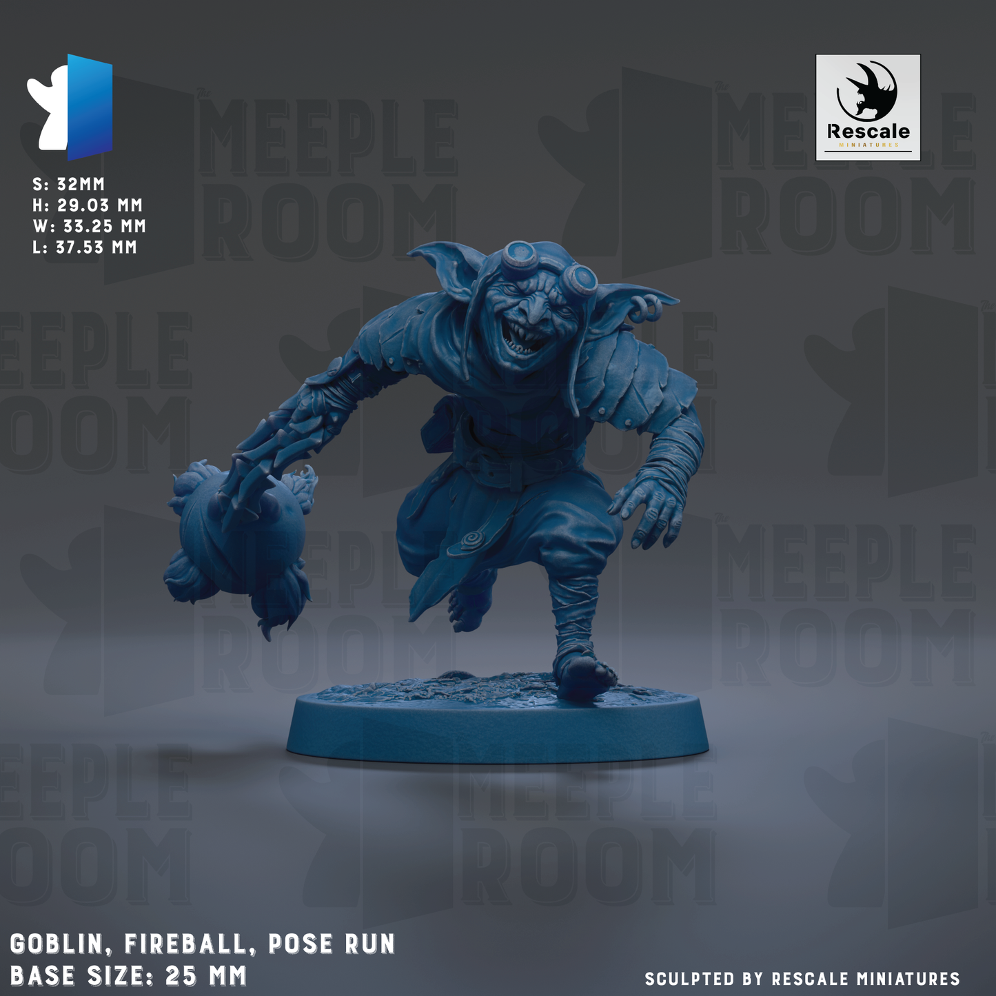 The image is a promotional poster for a miniature figurine of agoblin, a fireball, and a pose run. The figurine is shown in a dynamic pose, with the base size of 25 mm. The background of the poster is dark, providing a stark contrast to the figurine. The poster includes text that describes the figurine's base sizes and the sculpting by Rescale miniatures.