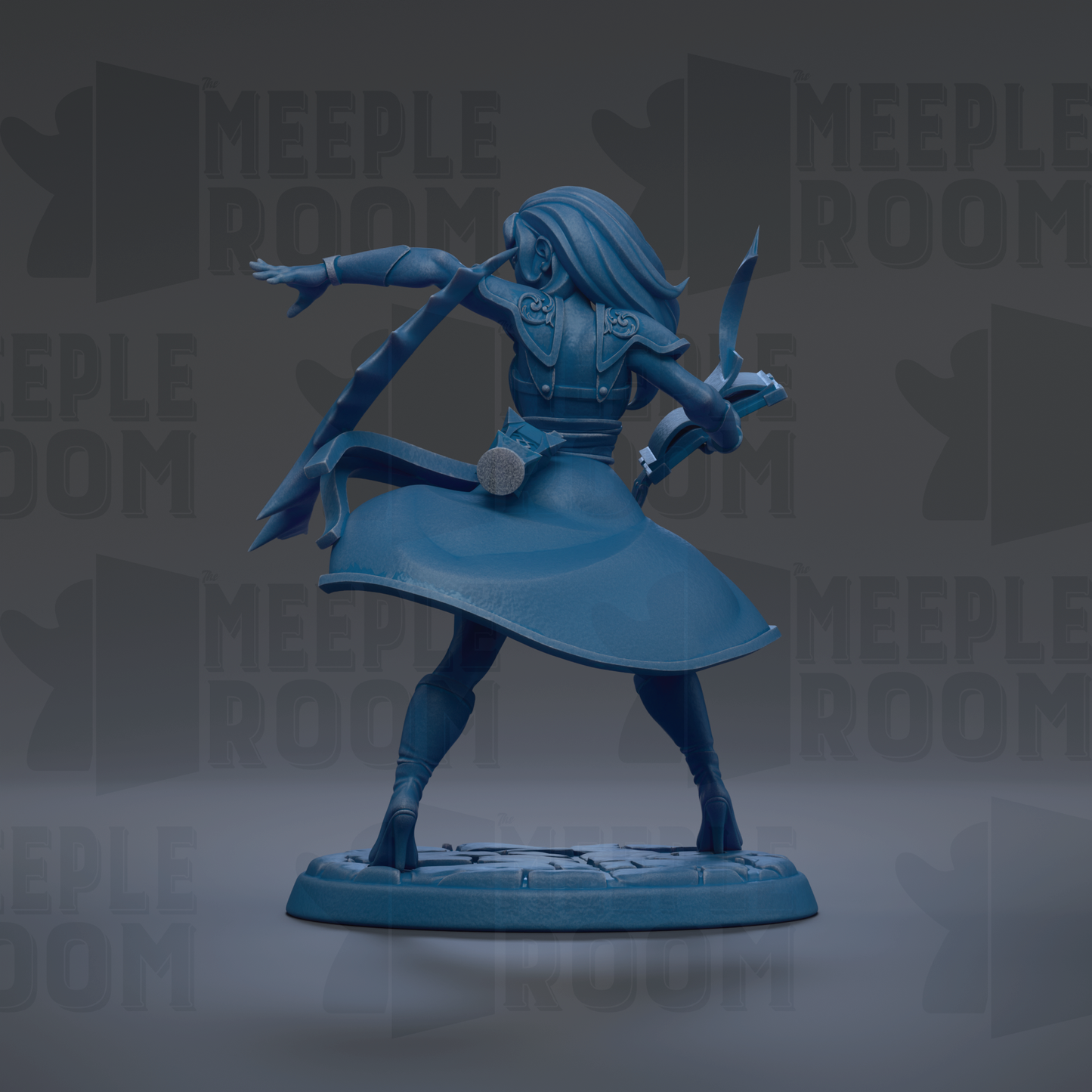 A blue figurine of a woman with long hair and a flowing skirt, depicted in a dynamic pose, is shown against a dark background with repeated text.