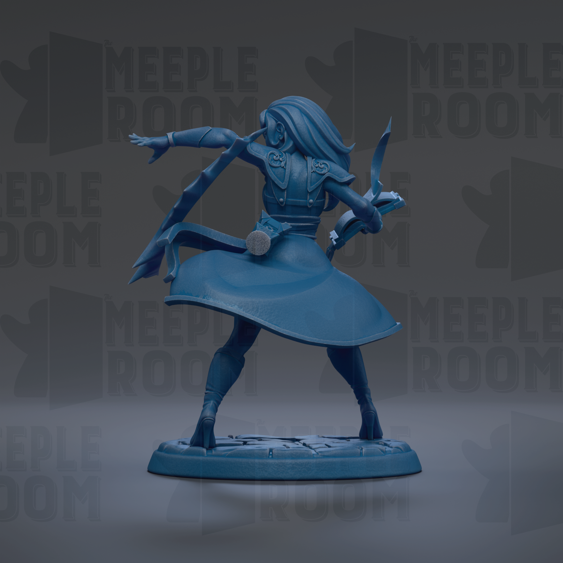 A blue figurine of a woman with long hair and a flowing skirt, depicted in a dynamic pose, is shown against a dark background with repeated text.
