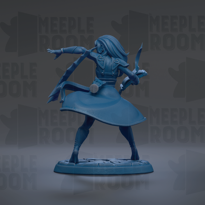 A blue figurine of a woman with long hair and a flowing skirt, depicted in a dynamic pose, is shown against a dark background with repeated text.
