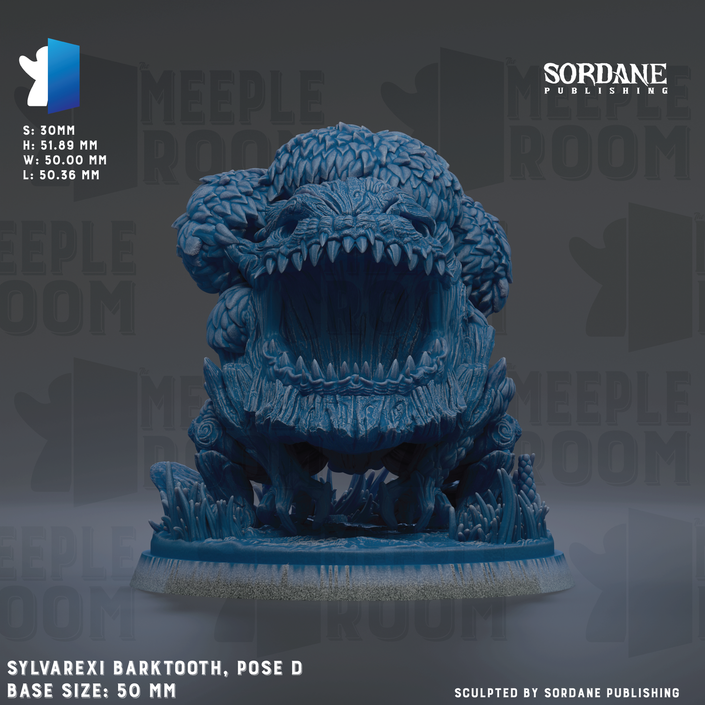 a blue, sculpted barktooth figurine with a large open mouth, positioned on a base. The figurine is described as a "Sylvarexi Barktooth, pose D" and is shown in various sizes, ranging from 50 to 70 millimeters. The image is a collage of multiple images, and it is described as a "Sordane Publishing" sculpture.