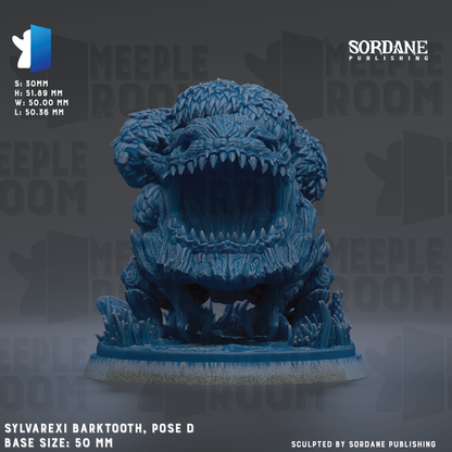 a blue, sculpted barktooth figurine with a large open mouth, positioned on a base. The figurine is described as a "Sylvarexi Barktooth, pose D" and is shown in various sizes, ranging from 50 to 70 millimeters. The image is a collage of multiple images, and it is described as a "Sordane Publishing" sculpture.