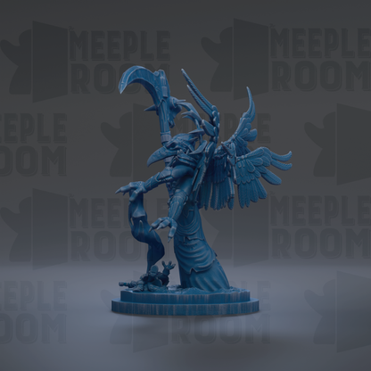A blue, winged figurine with a long, curved weapon in its hands, standing on a platform against a dark background with repeated text.