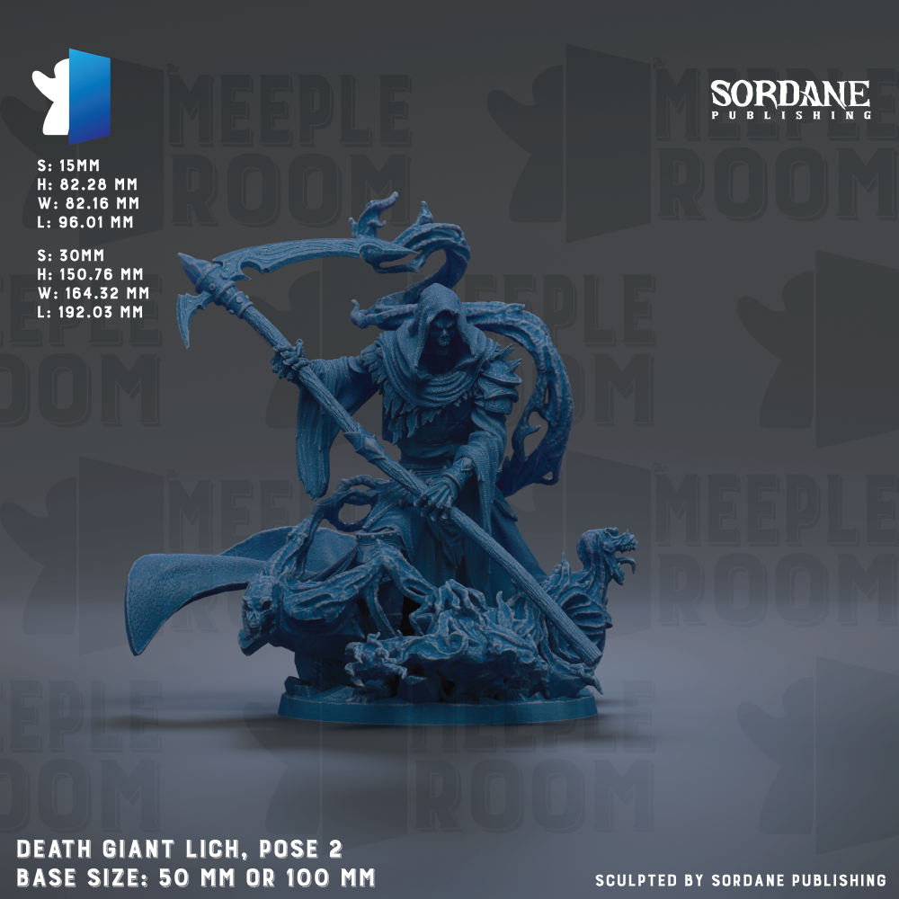 a Death Giant Lich, a figurine of a dark, ominous figure wielding a large weapon, posed in a dynamic fighting stance. The figurine is shown in a base size of 50mm or 100mm, depending on the perspective. The image is a collage of various images, and it is described as a sculpture by Sordane Publishing.