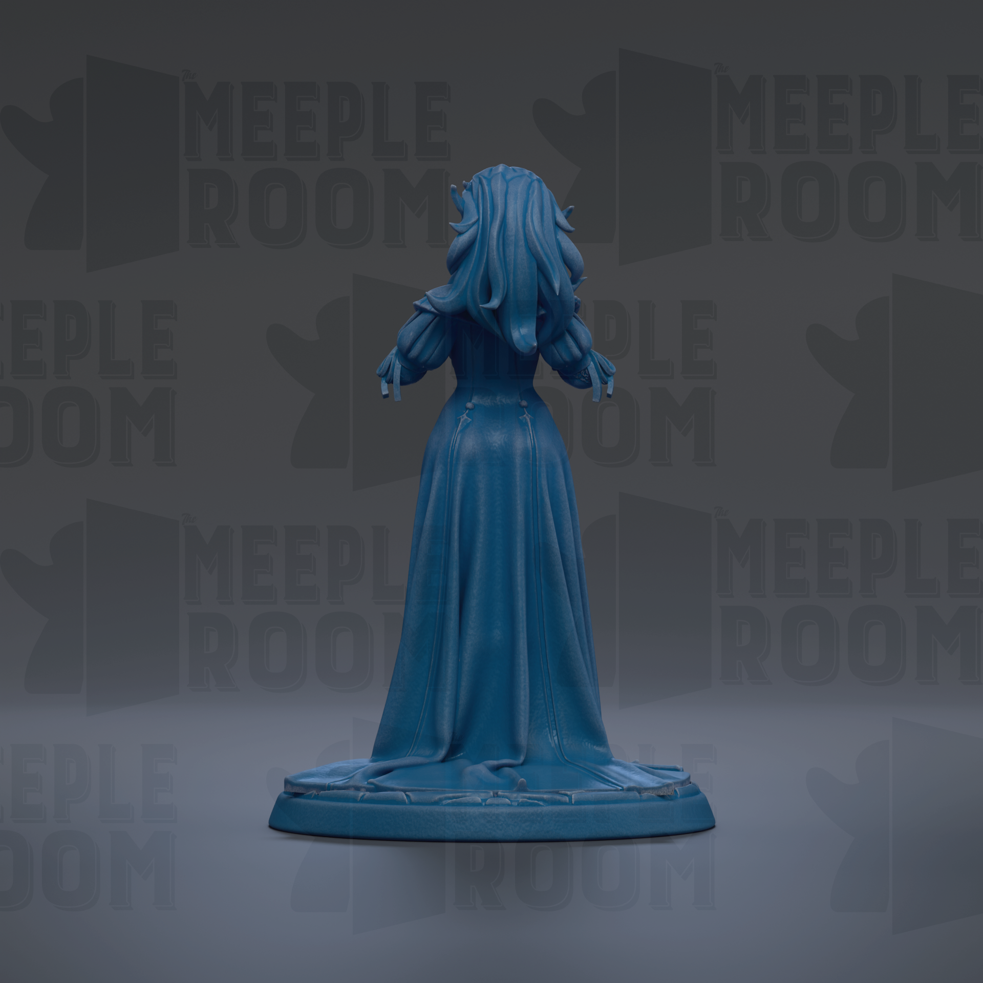 A blue statue of a woman with long hair and a flowing dress stands against a dark background with repeated "MEIPLLE ROOM" text.