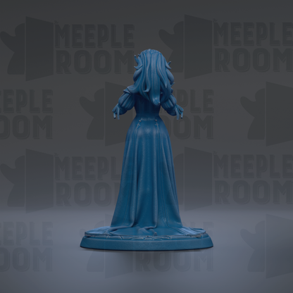 A blue statue of a woman with long hair and a flowing dress stands against a dark background with repeated "MEIPLLE ROOM" text.