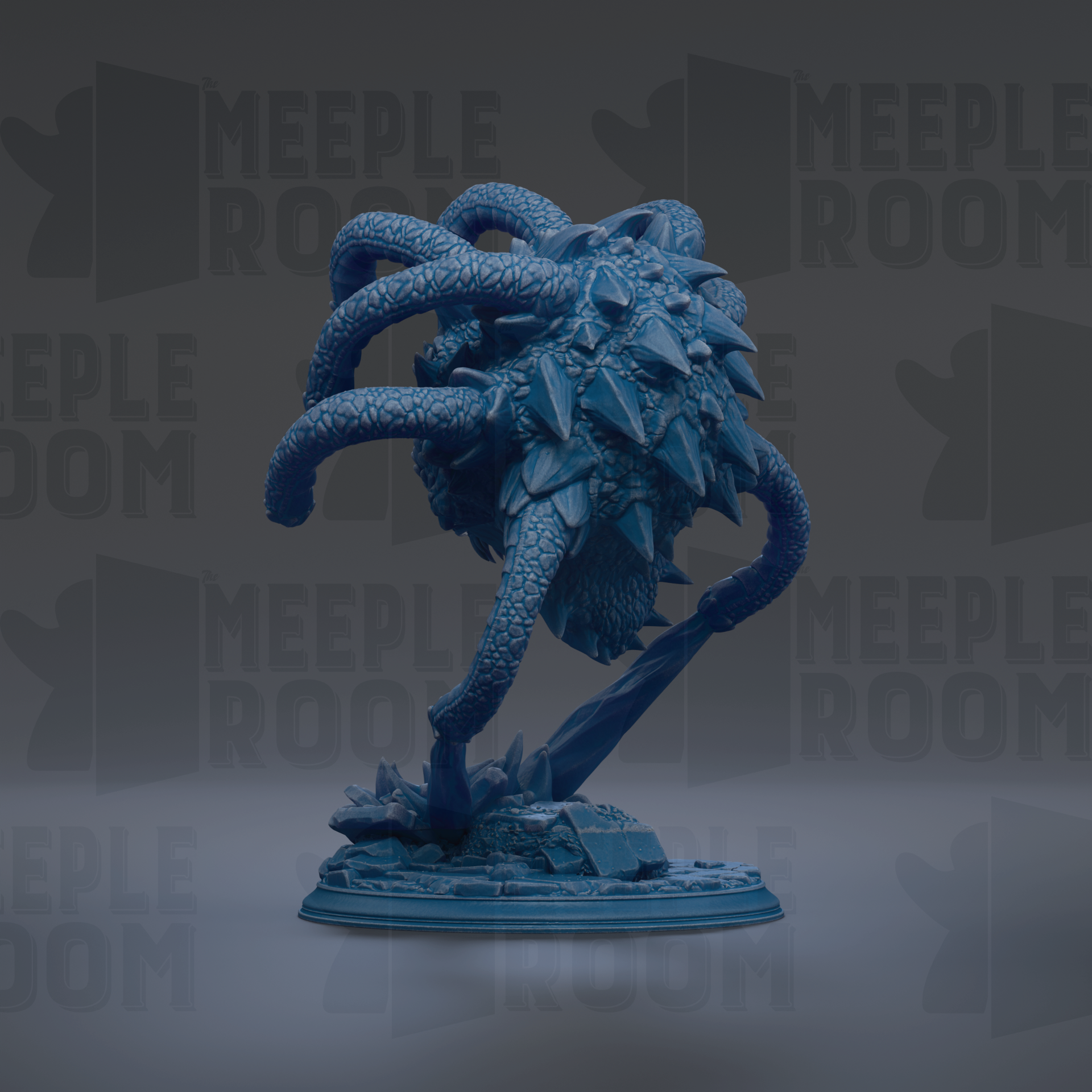 A blue, spiky figurine of a creature with multiple arms and sharp features, standing on a base.