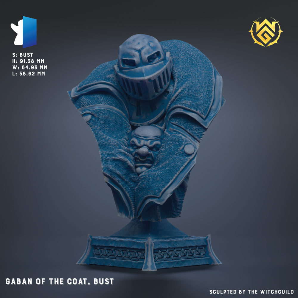 a bust of a character named Gaban of the Coat, Bust, which is a sculpted piece of art.