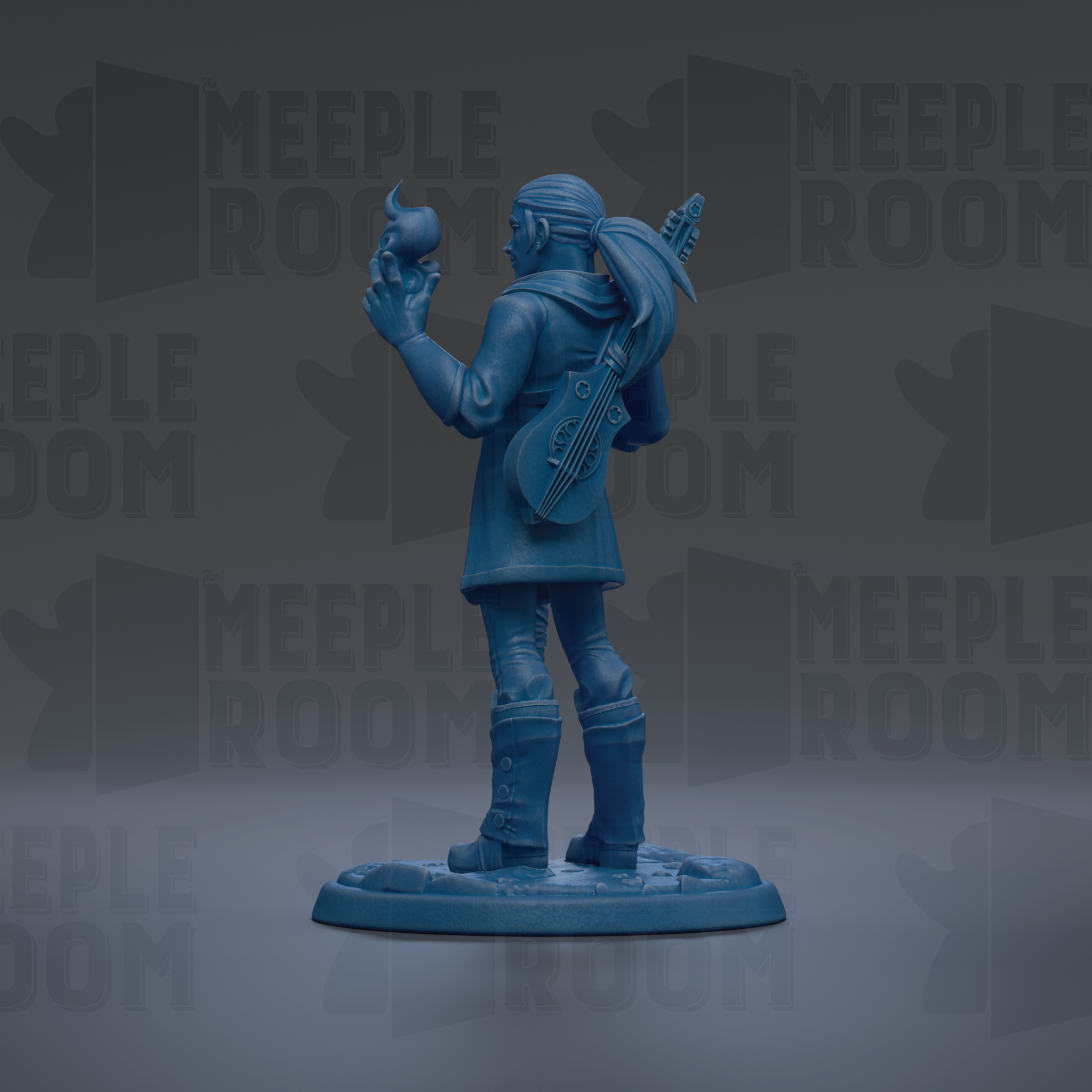 A blue figurine of a person holding a guitar and a small object, standing on a base.