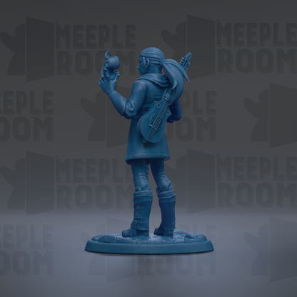 A blue figurine of a person holding a guitar and a small object, standing on a base.