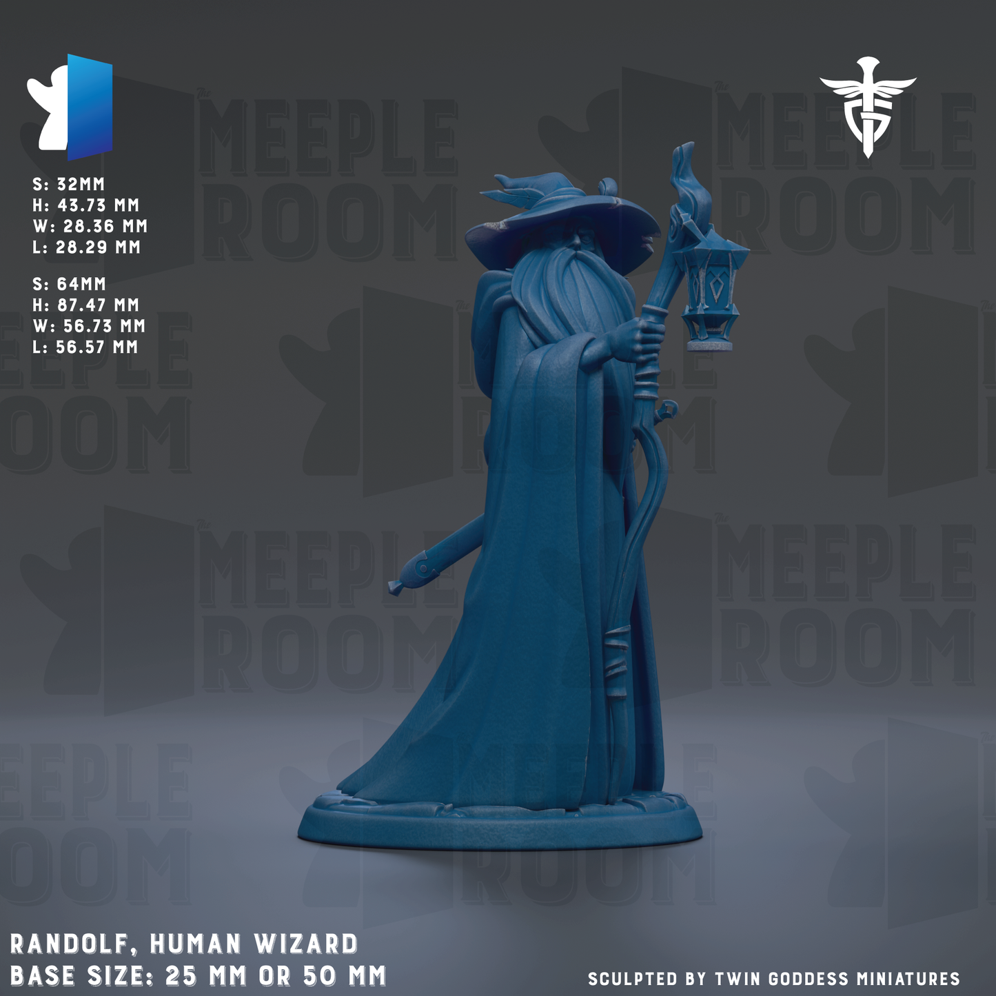 A 3D model of a human wizard statue, with the text "Randolf, Human Wizard Base Sizes: 28.3 MM or 50 MM" indicating the base sizes of the statue.