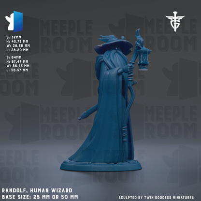 A 3D model of a human wizard statue, with the text "Randolf, Human Wizard Base Sizes: 28.3 MM or 50 MM" indicating the base sizes of the statue.